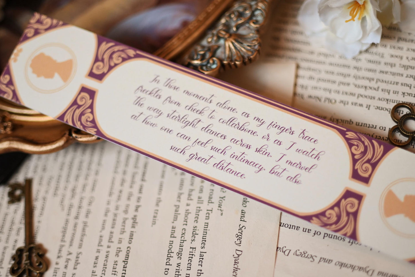No One Designs bridgerton-nspired bookmark design showcases the reverse side of the bookmark featuring a quote from the Bridgerton books.