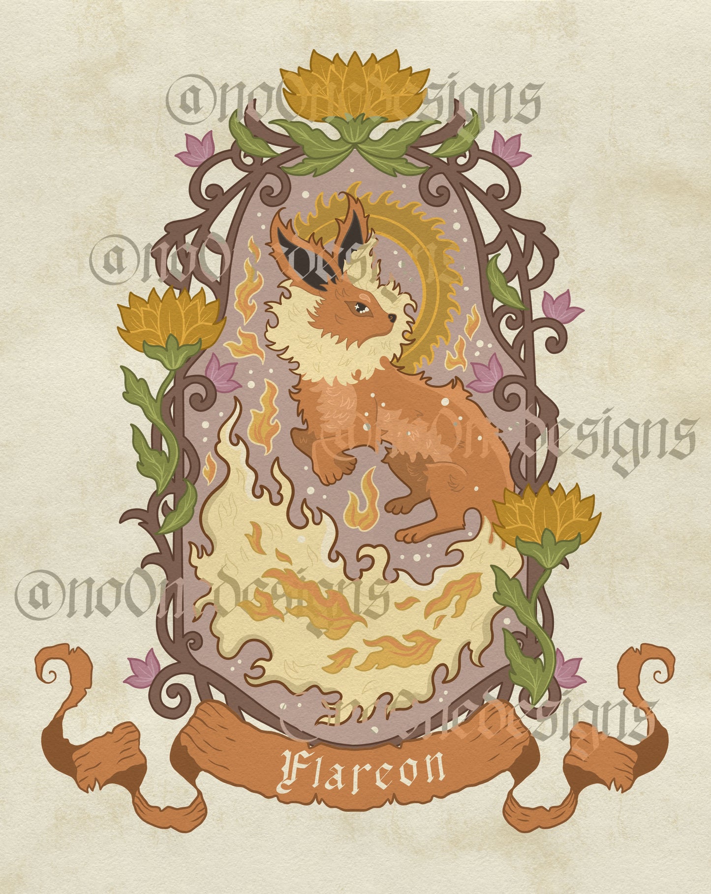 Inspired by Flareon, this fantasy fire fox wall print features the fire fox surrounded with an iron made border and sunflower design.