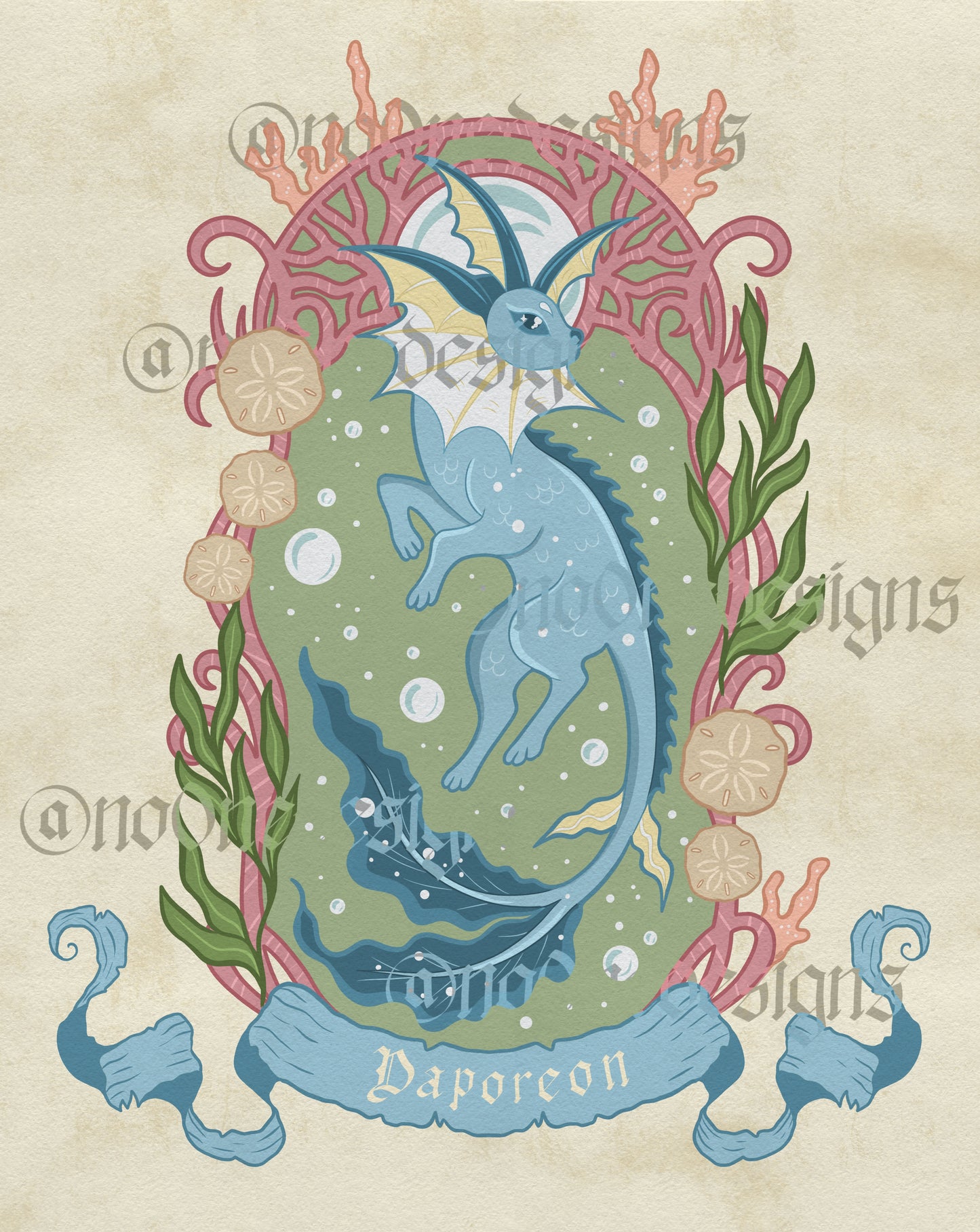 No0neDesigns Vaporeon inspired fantasy fox featuring the water fox with a border of coral and reeds and bubbles.