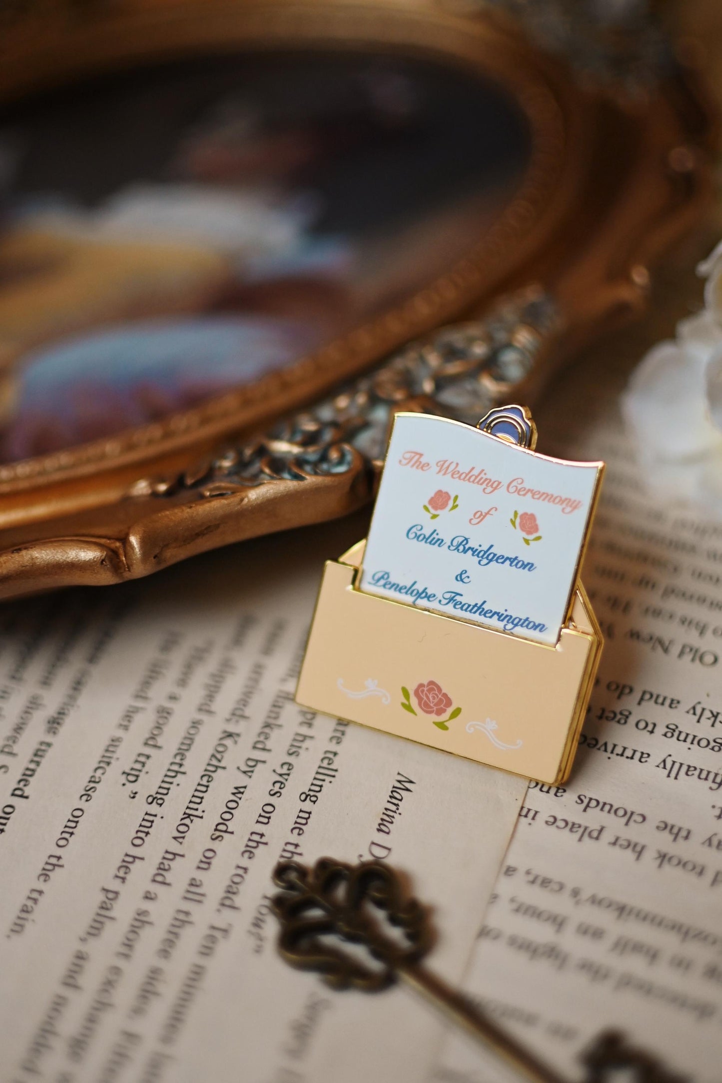 Penelope and Colin Bridgerton Wedding Invitation moveable enamel pin