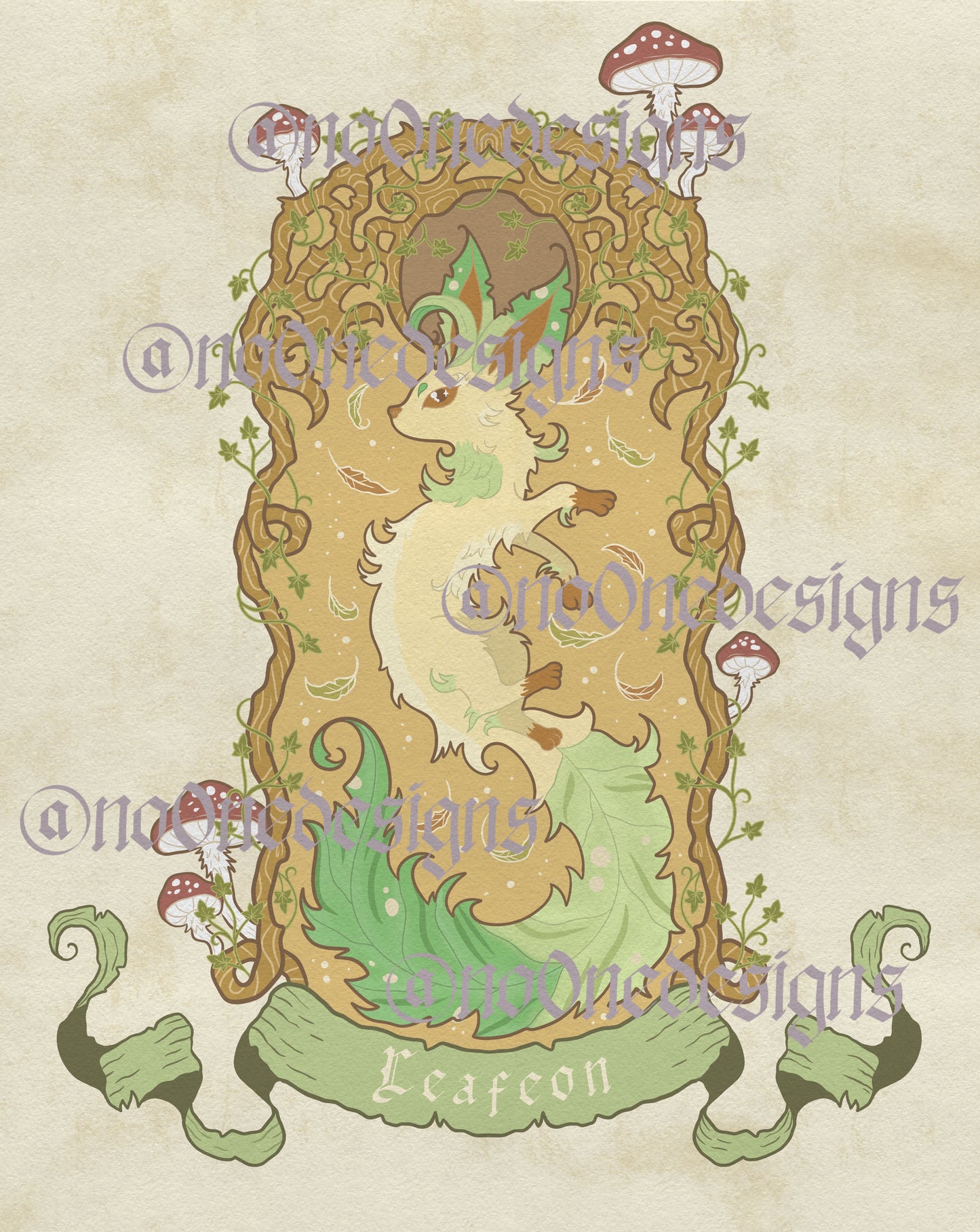 Image features the No0neDesigns leaf fox print that was inspired by Leafeon. Tis fox lays in a nest surrounded by a border of tree roots and mushrooms.