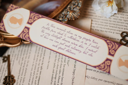 No One Designs bridgerton-nspired bookmark design showcases the reverse side of the bookmark featuring a quote from the Bridgerton books. 