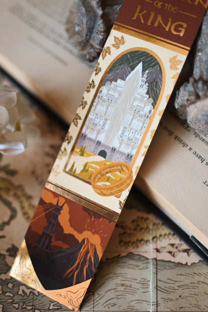 A close up image of the Return of the King bookmark showing the detailing or Gondor, Mordor and the one ring.