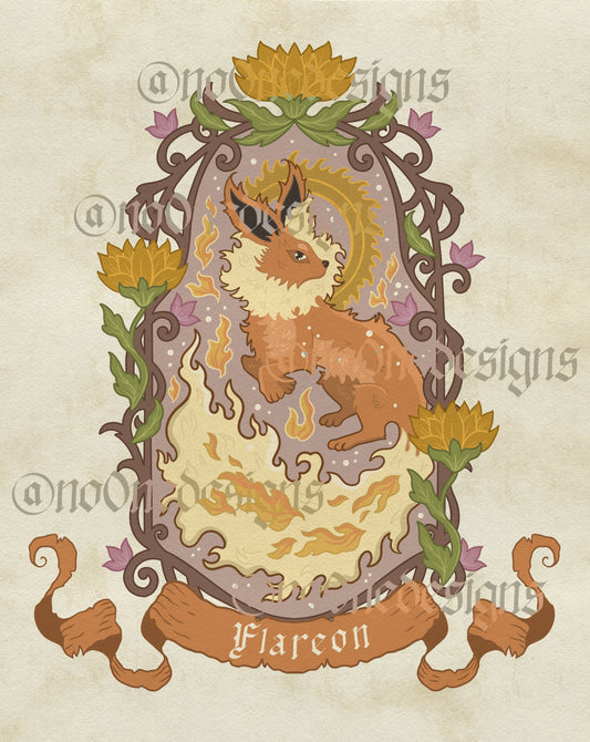 Inspired by Flareon, this fantasy fire fox wall print features the fire fox surrounded with an iron made border and sunflower design.
