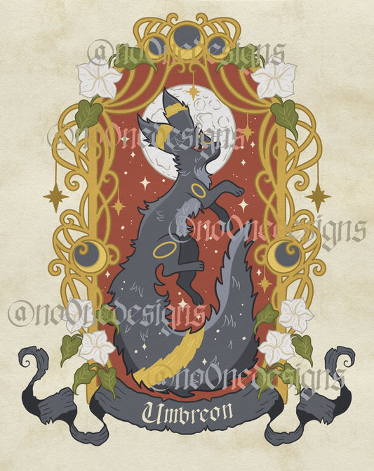 No0neDesign's fantasy moon fox wall print featuring the umbreon inspired fox surounded in red and starlight with a old border with lillies.