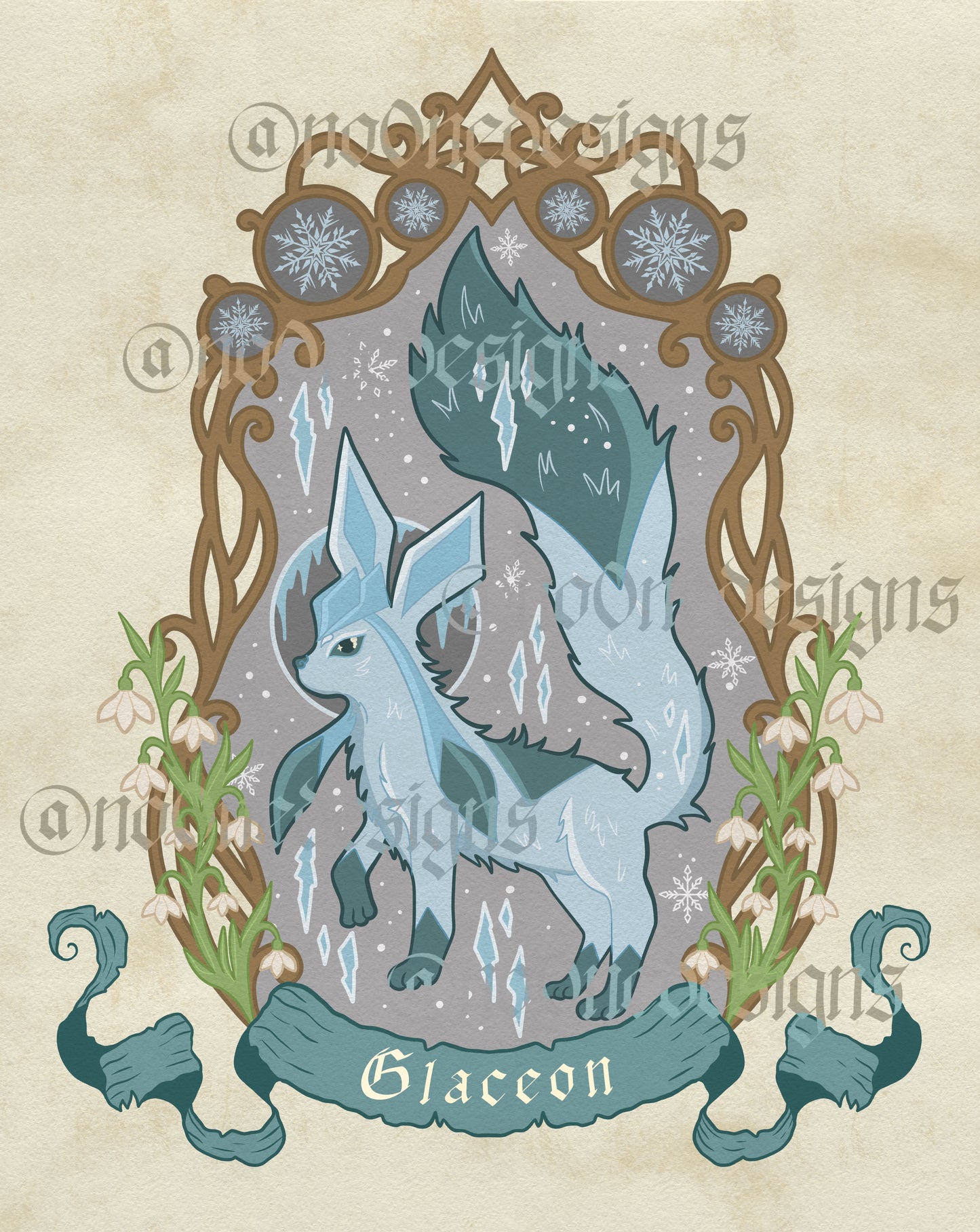 No0neDesigns fantasy ice fox print, features a blue ice fox surrounded by ice shars, a bronze frame and snowflakes.
