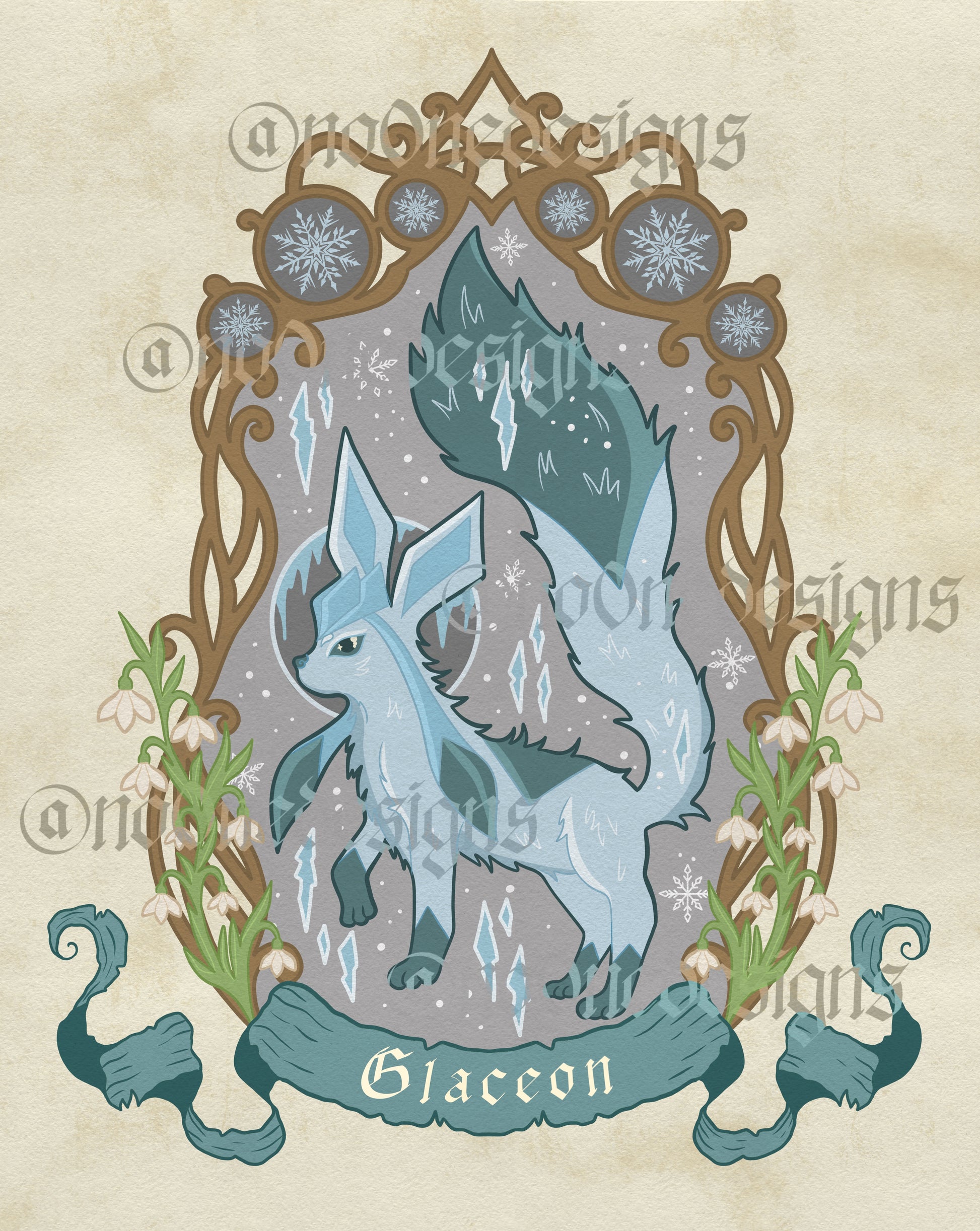 No0neDesigns fantasy ice fox print, features a blue ice fox surrounded by ice shars, a bronze frame and snowflakes.