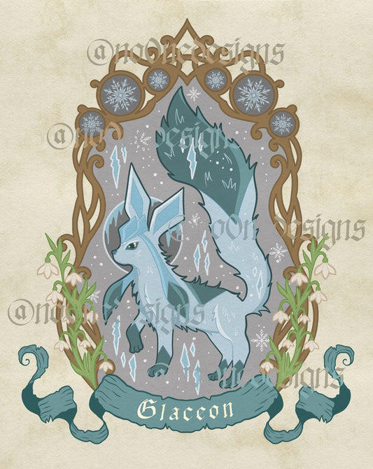 No0neDesigns fantasy ice fox print, features a blue ice fox surrounded by ice shars, a bronze frame and snowflakes.