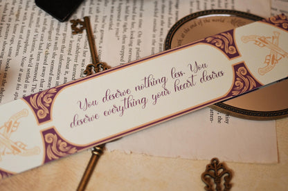 The Bridgerton-inspired bookmark by No One Designs showcasing the reverse side of The Viscount Who Loved Me with iconic quote: "You deserve nothing less. You deserve everything your heart desires"