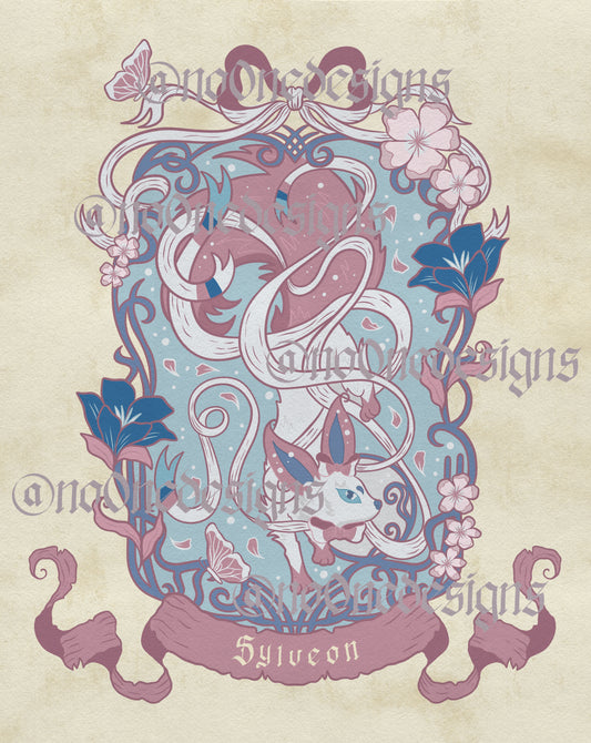 No0neDesigns fantasy fox print design inspired by Sylveon features a white fox surrounded by blue and a ribbon based border with floral arrangements.
