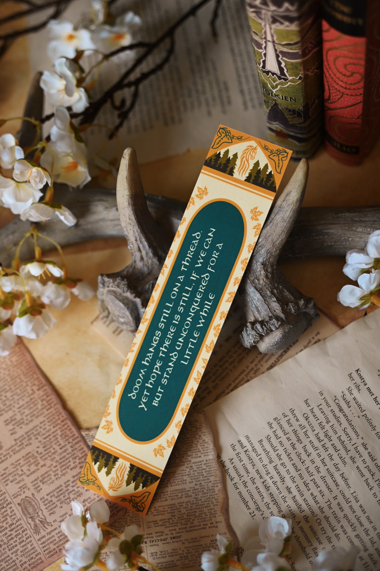 No0neDesigns The Two Towered inspired book spine bookmark featuring the quote: "Doom hangs still on a thread. Yet hope there is still, if we can but stand unconquered for a little while."