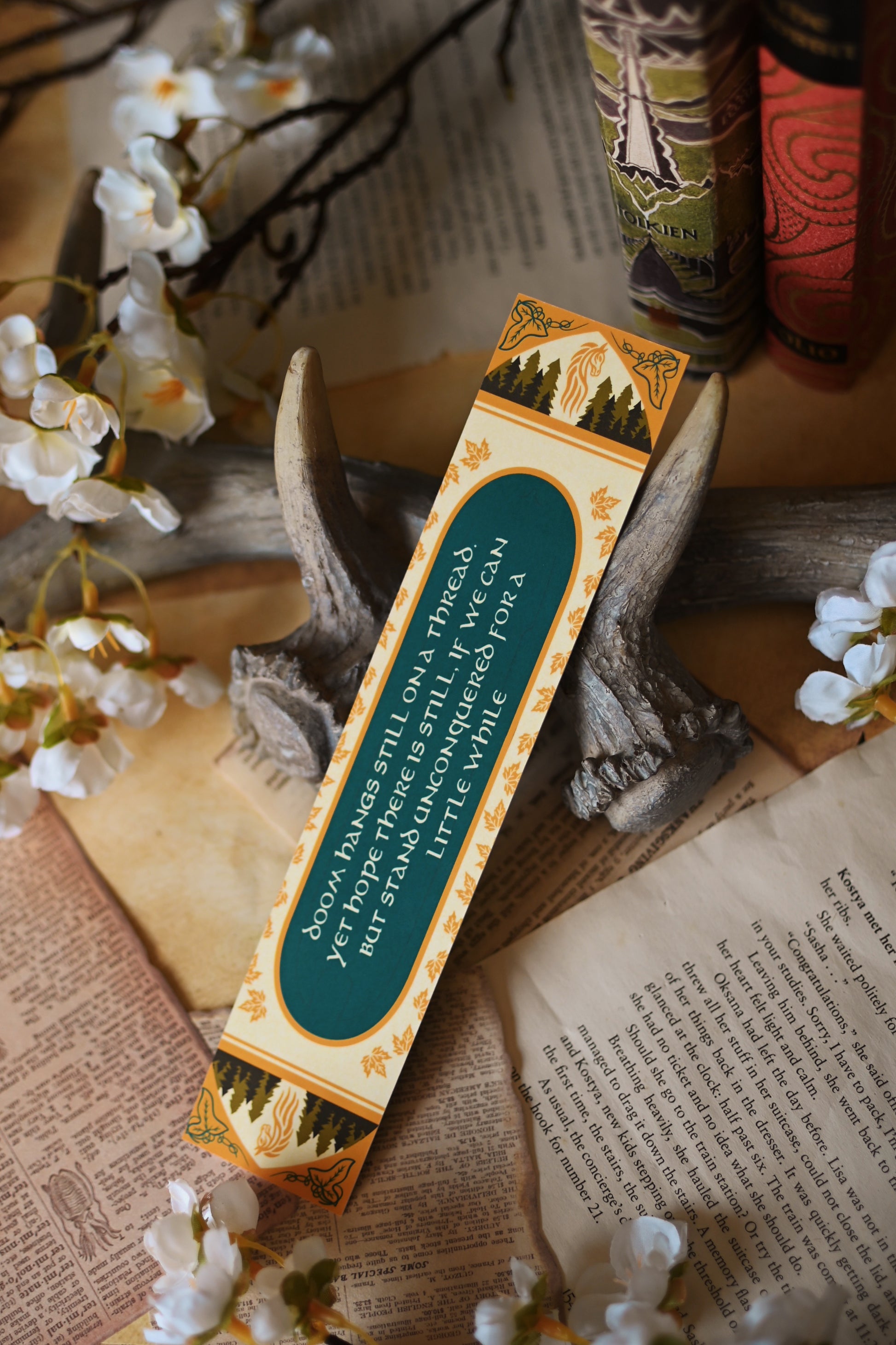 No0neDesigns The Two Towered inspired book spine bookmark featuring the quote: "Doom hangs still on a thread. Yet hope there is still, if we can but stand unconquered for a little while."