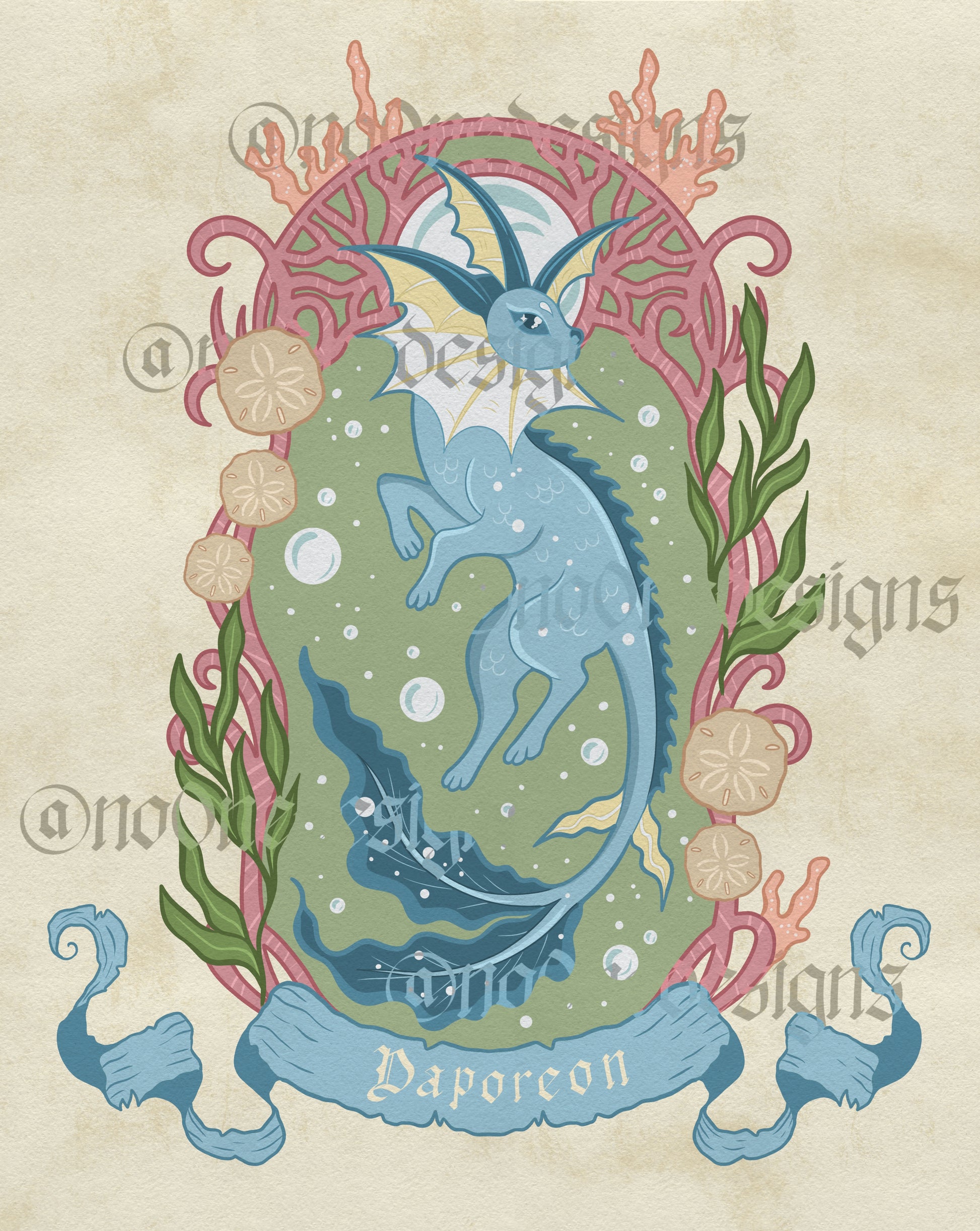 No0neDesigns Vaporeon inspired fantasy fox featuring the water fox with a border of coral and reeds and bubbles.