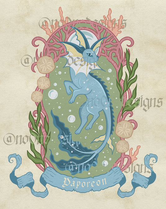 No0neDesigns Vaporeon inspired fantasy fox featuring the water fox with a border of coral and reeds and bubbles.