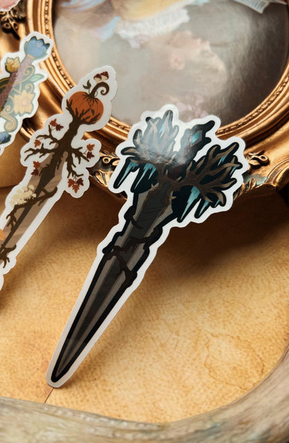 Close up of the Winter seasonal fantasy sword sticker. 