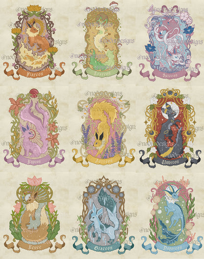 The image features all nine designs of the indiviudal fox print eevee insired foxes. Prints feature unique colouring and lettering and fox illustation to match the style of each eeveelution. 