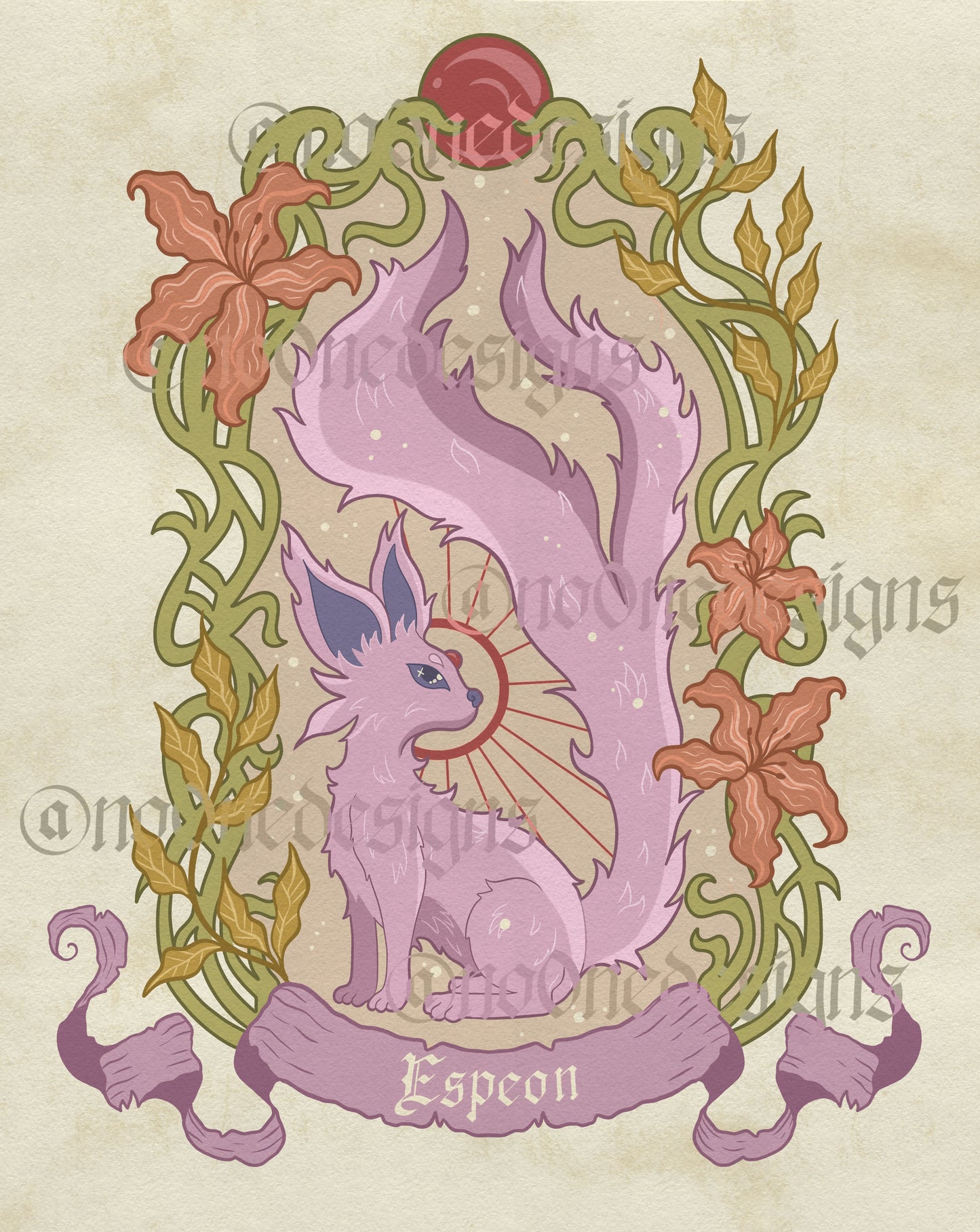 The espeon inspired fantasy foxprint sits upright with tail split and surrounded by a border of vines and flowers.