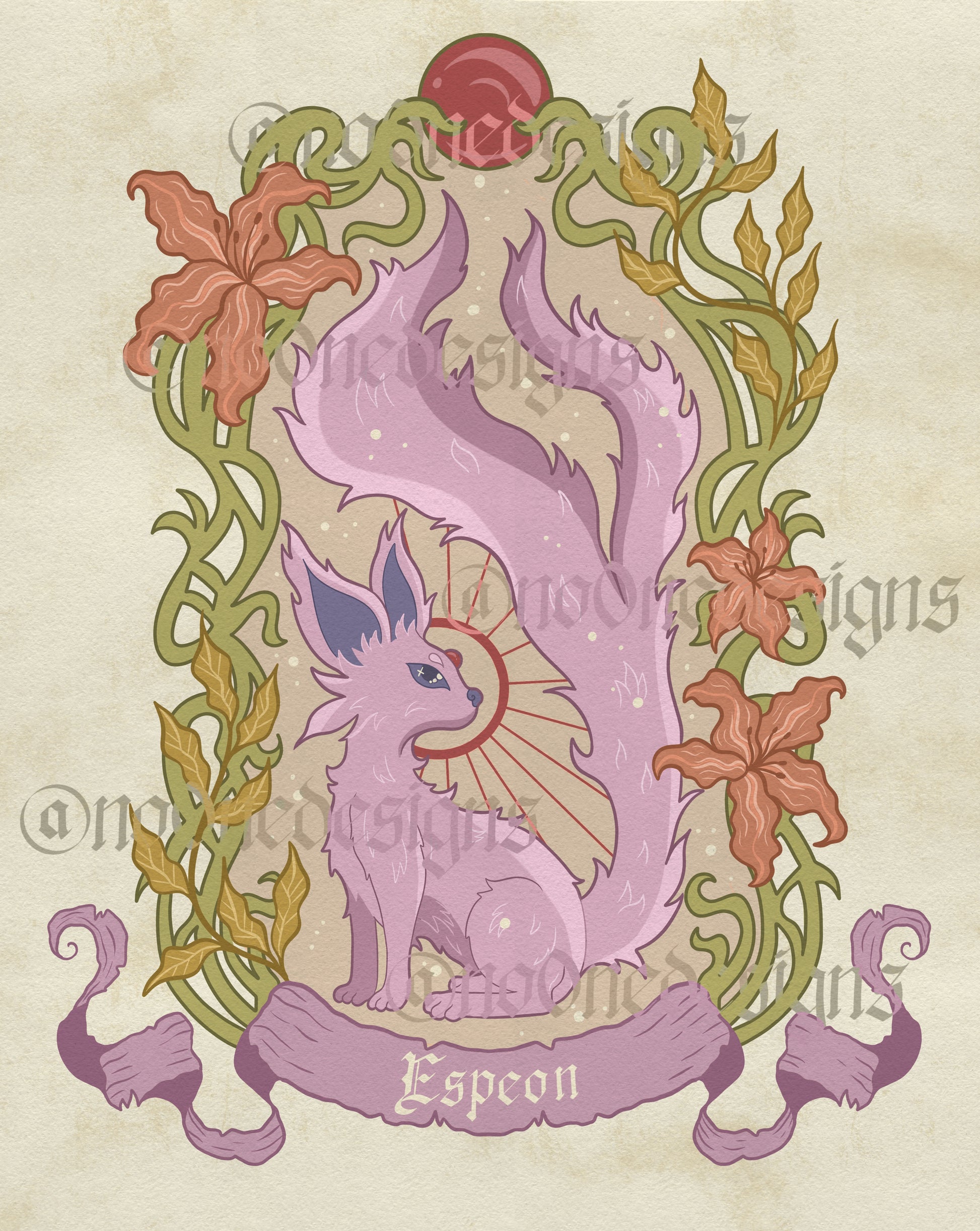 The espeon inspired fantasy foxprint sits upright with tail split and surrounded by a border of vines and flowers.