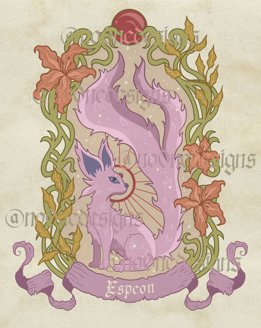 The espeon inspired fantasy foxprint sits upright with tail split and surrounded by a border of vines and flowers.