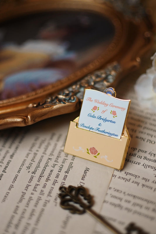 Penelope and Colin Bridgerton Wedding Invitation moveable enamel pin