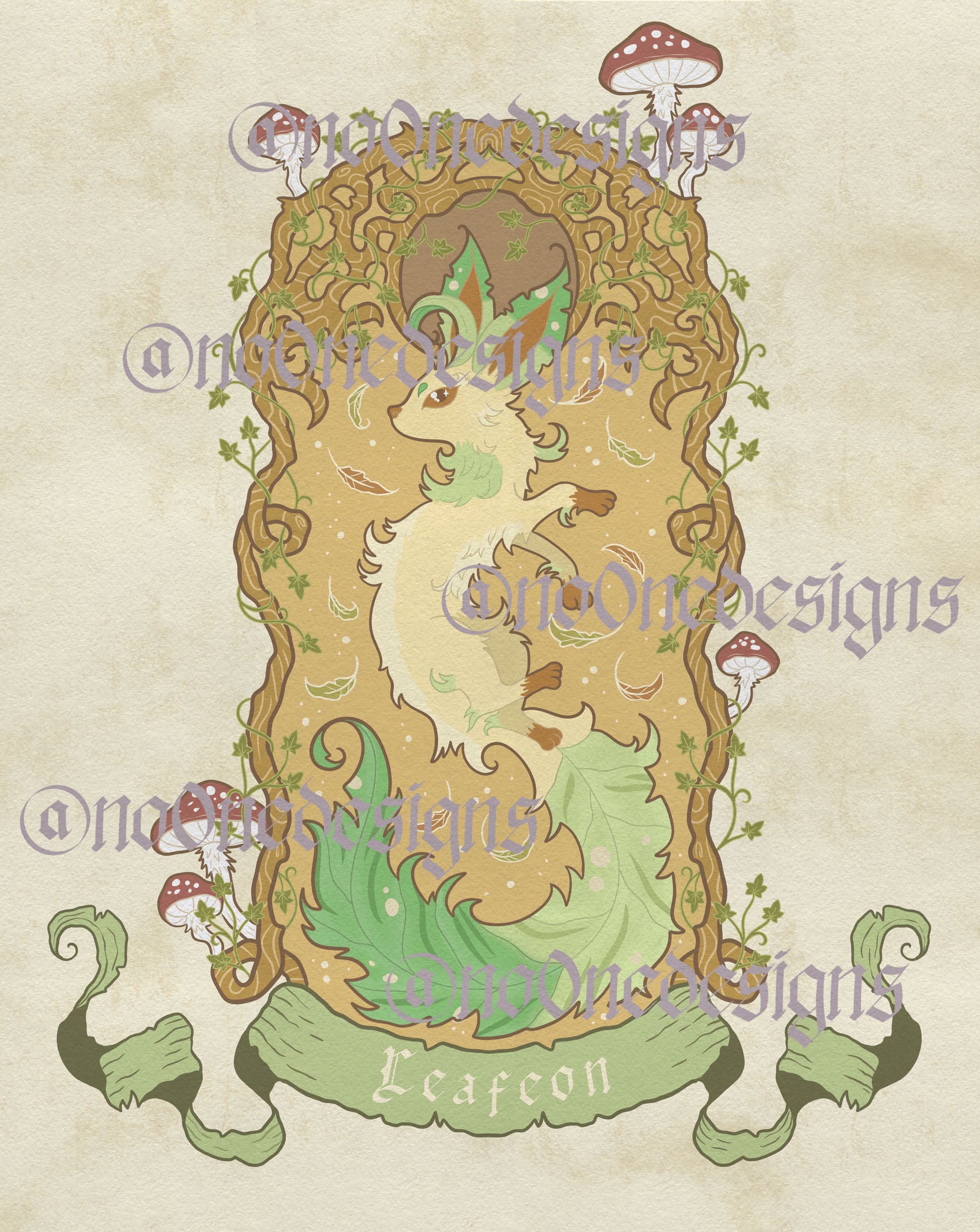 Image features the No0neDesigns leaf fox print that was inspired by Leafeon. Tis fox lays in a nest surrounded by a border of tree roots and mushrooms.