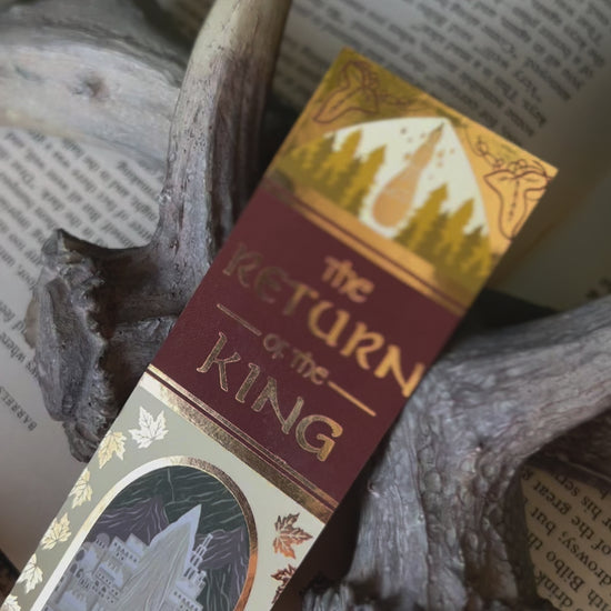 A small video showcasing the close up detail and gold foiling of the Return of the King bookmark.