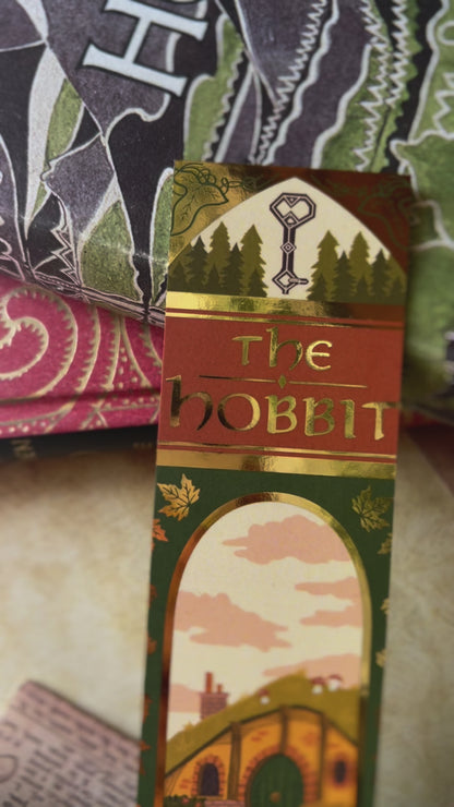 A close up video showcasing all the small foil details of the No One Designs foiled bookspine bookmark inspired by The Hobbit by J.R.R Tolkien