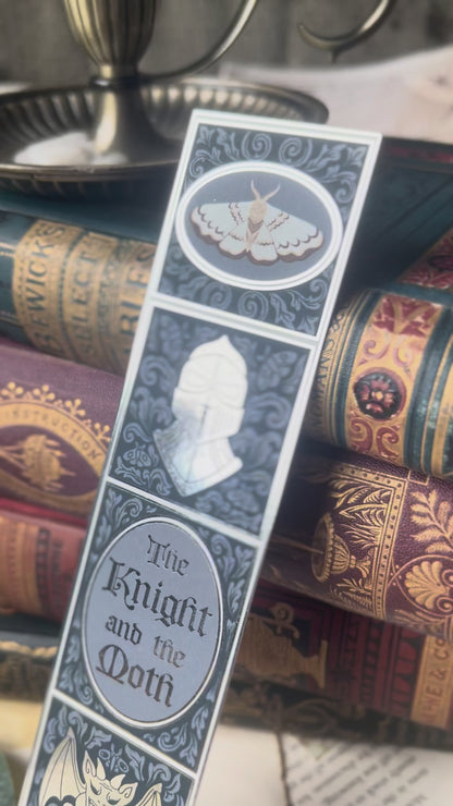 Video showcasing the details and silver foiling of The Knight and The Moth bookmark.